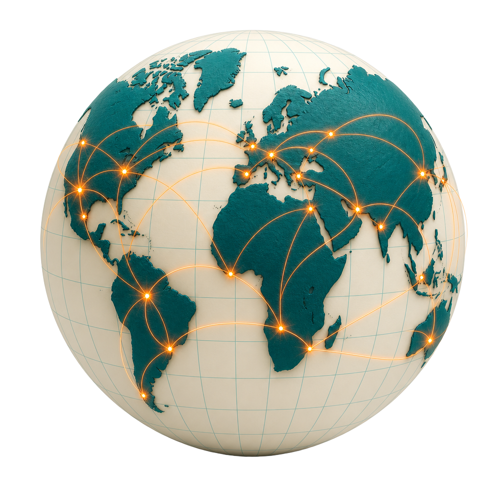 A leadership globe with glowing connection arcs linking cities across continents.